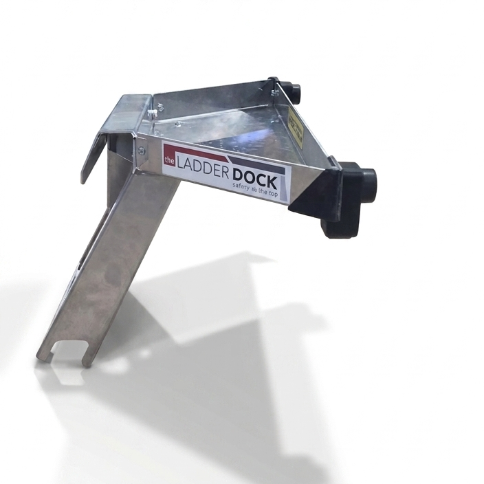 A metal ladder dock with a silver frame and a black plastic handle